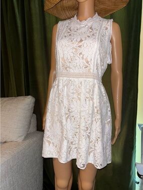 Altar’d State White Lace Nude Dress Boho Floral Large High Neck Fit & Flare